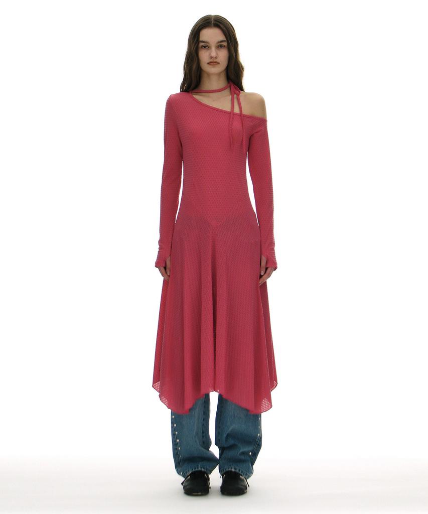 Partimento Woman Jacquard Tie-Neck Midi Dress_Pink