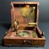 Wooden Boxed Brass Nautical Compass Magnifier and Telescope Set