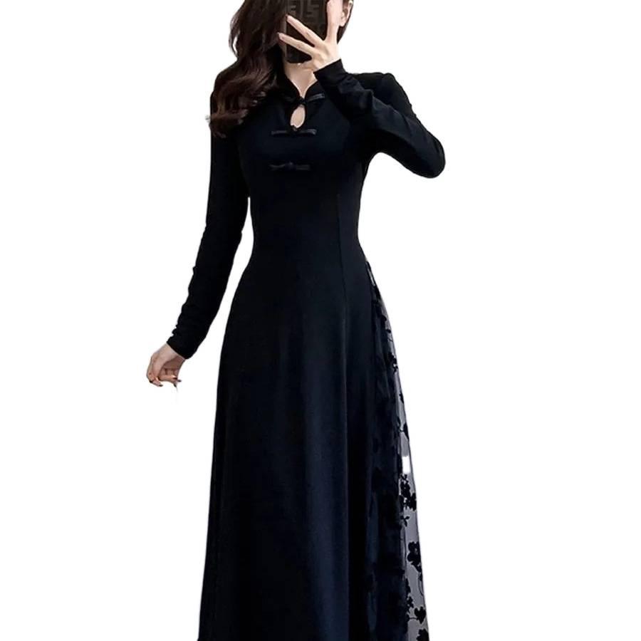 Plus Size Black Frog Button Mid-Length Dress - New Chinese Style for Spring, Autumn, and Winter