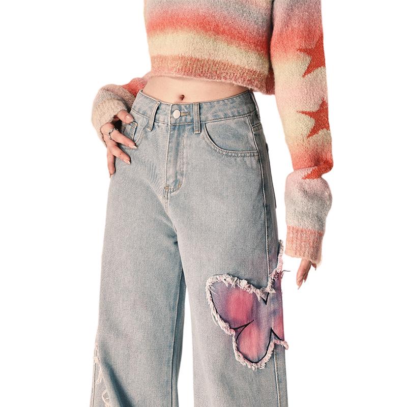 Plus Size Butterfly Patchwork High-Waist Jeans - Chic Women's Wide-Leg Summer Pants