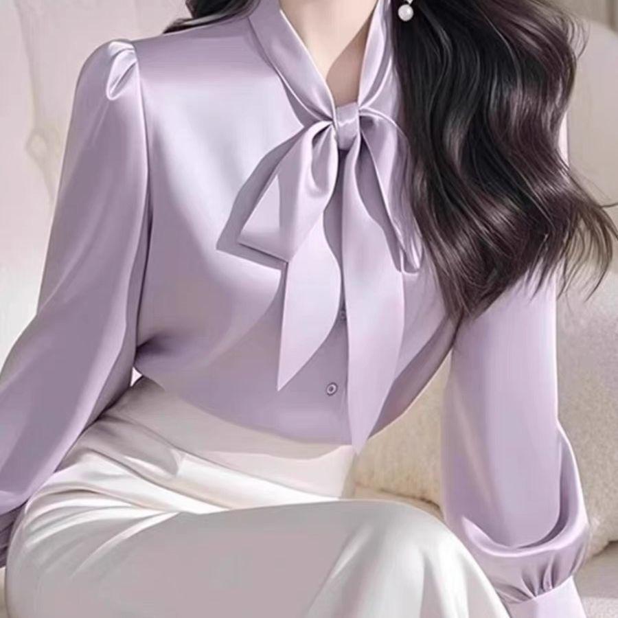 Spring Women's French Style Bow Tie Blouse, Satin Office Shirt with Flowing Ribbon Detail, Sexy Elegant Commute Wear for Business Casual