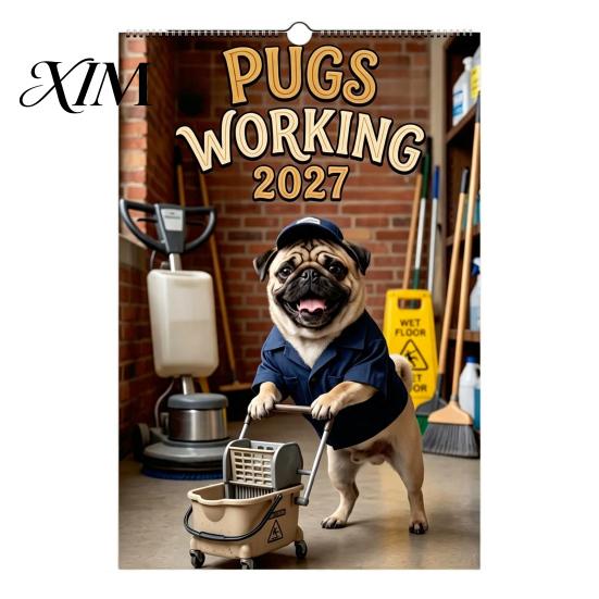 Spiral Bound Calendar 2027 Pugs Working Wall Calendar, Funny Dog Hanging Gift for Lovers 12 Monthly Planner with Unique Illustrations Home Office