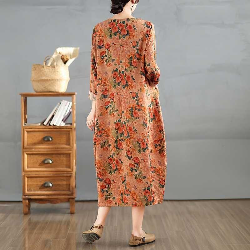 2025 Vintage Printed Round Neck Long Sleeve Patchwork Loose Plus Size Long Dresses