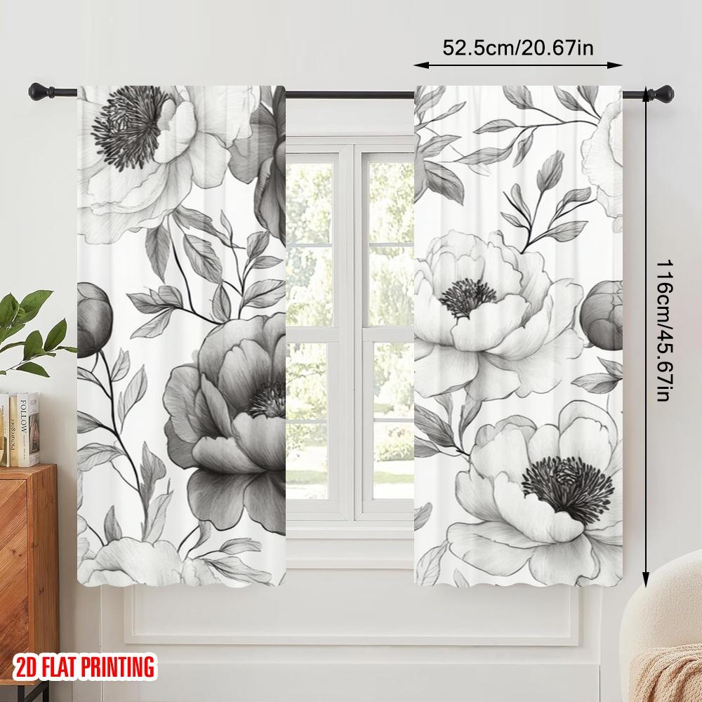 2pcs,2D Plane Printing Curtains Digital Printed Monochrome Blooms Versatile Durable Polyester (without Rod) Festive Perfect for