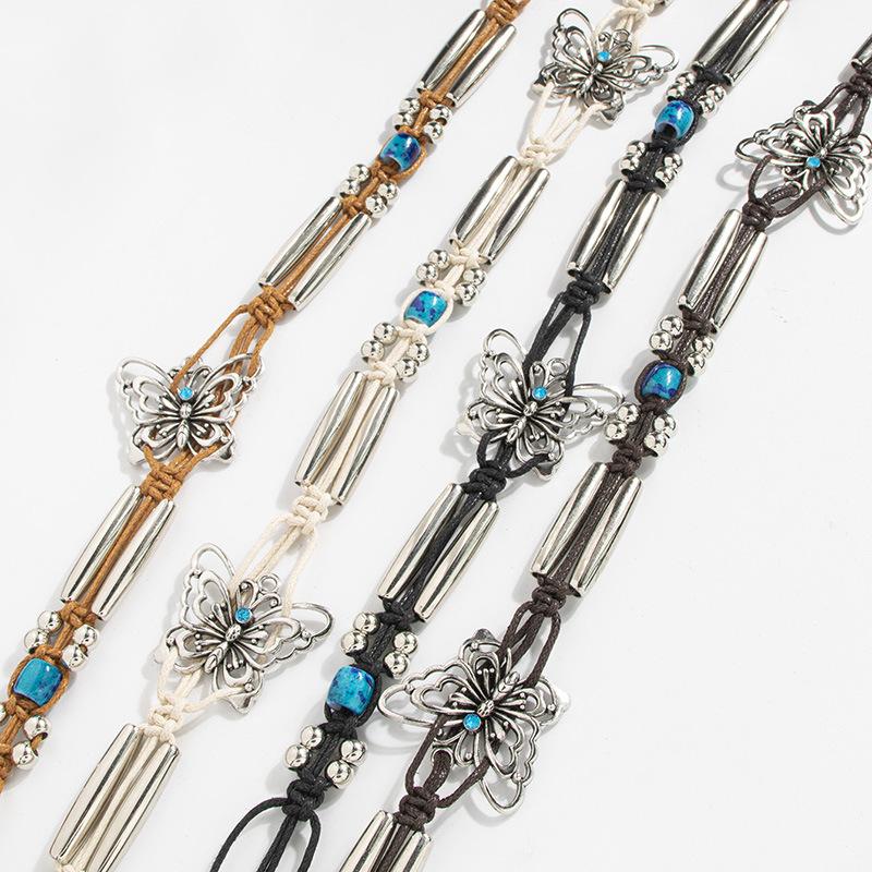 New Boho Style Butterfly Silver Beads Weaving Knotted Ethnic Style Handmade Women's Belt Casual Vacation Style Waist Rope