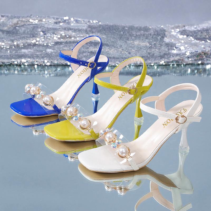 Aphixta 2025 New Summer 7.5cm Bling Thin Heels Women Sandals Luxury Diamonds Pearl Buckle Cool Ankle Strap Open Toe Blue Shoes