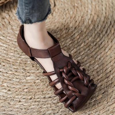 Echte Sandalen Damen Handgefertigt Gewebt Literarischer Stil Aushöhlen Flache Römersandalen Damen Sommerschuhe Sandalias