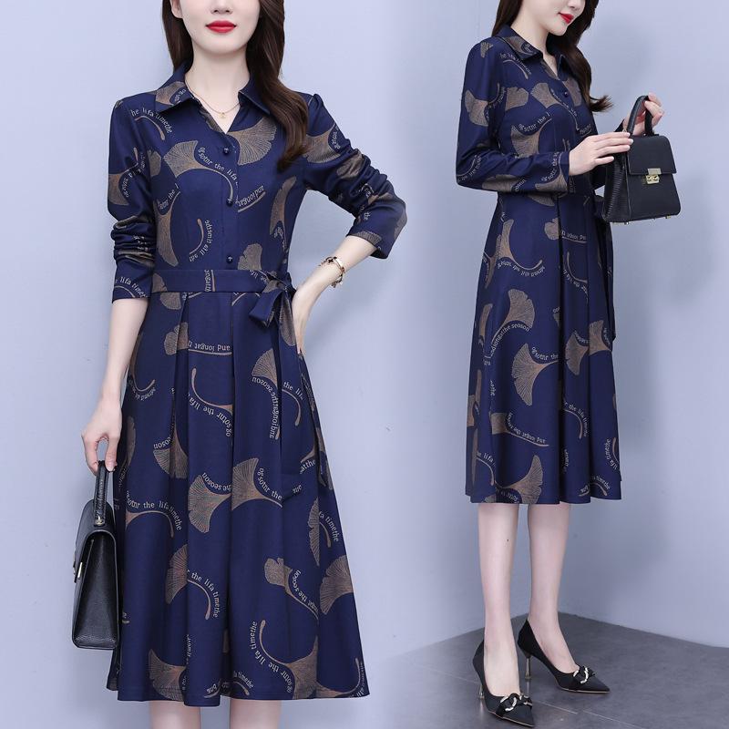

Elegant Floral Waist-Cinched Dress for Middle-Aged Women – Slimming Autumn/Winter Style 2XL темно-синий
