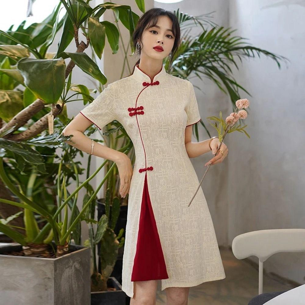 Long Fork Traditional Chinese Dress Short Sleeve Cheongsam Stand Collar Qipao Dress Summer