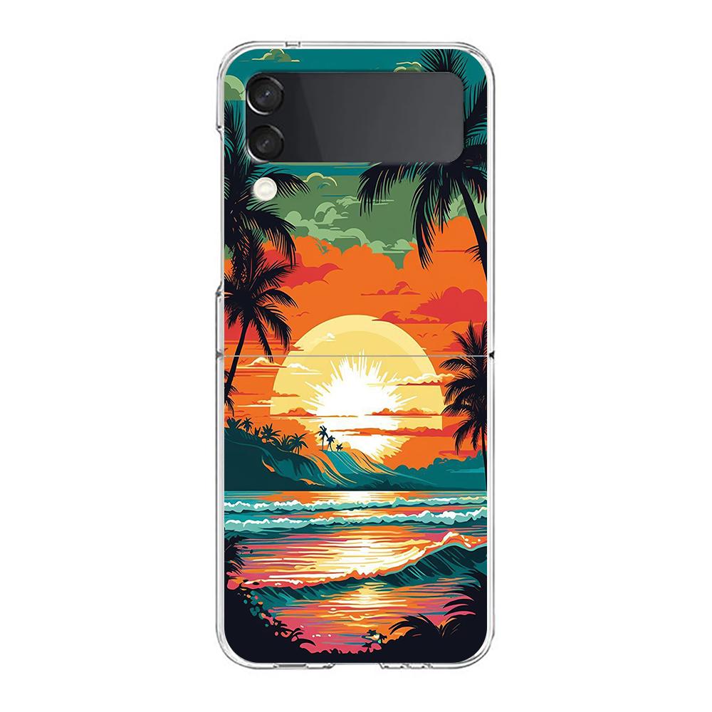 Phone Cover For Samsung Galaxy Z Flip 7 6 5 4 Case Transparent For Samsung Z Flip 3 Hard PC Foldable Sunset Coconut Tree Pattern