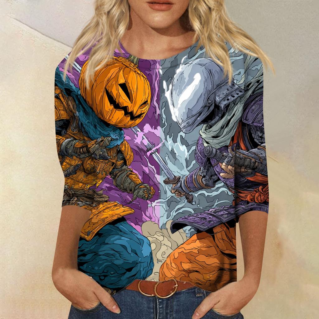 Women's Fashion Casual Round Neck Three-quarter Sleeve Halloween Printed T-shirt Top