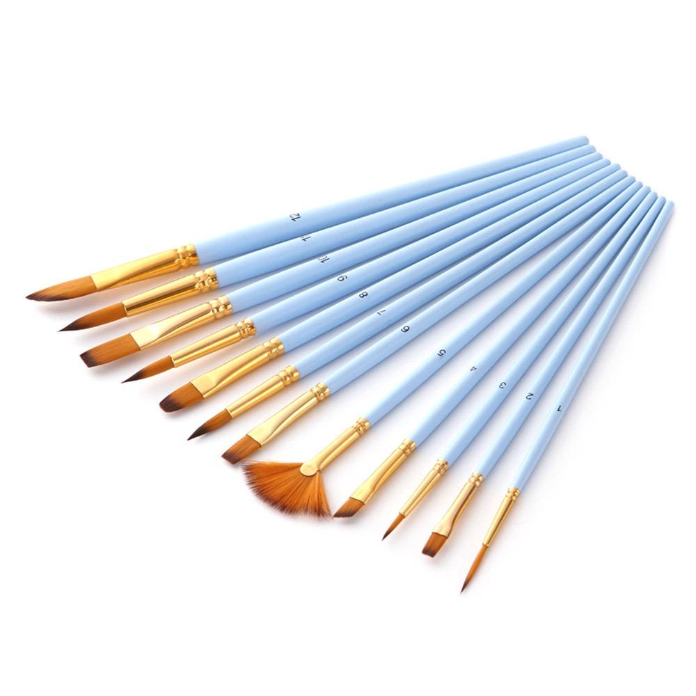 12Pcs Nylon Watercolor Brush Set Pointed Round Flat Head Soft Hair Hand Drawn Watercolor Artists Beginner's Art Painting Brushes