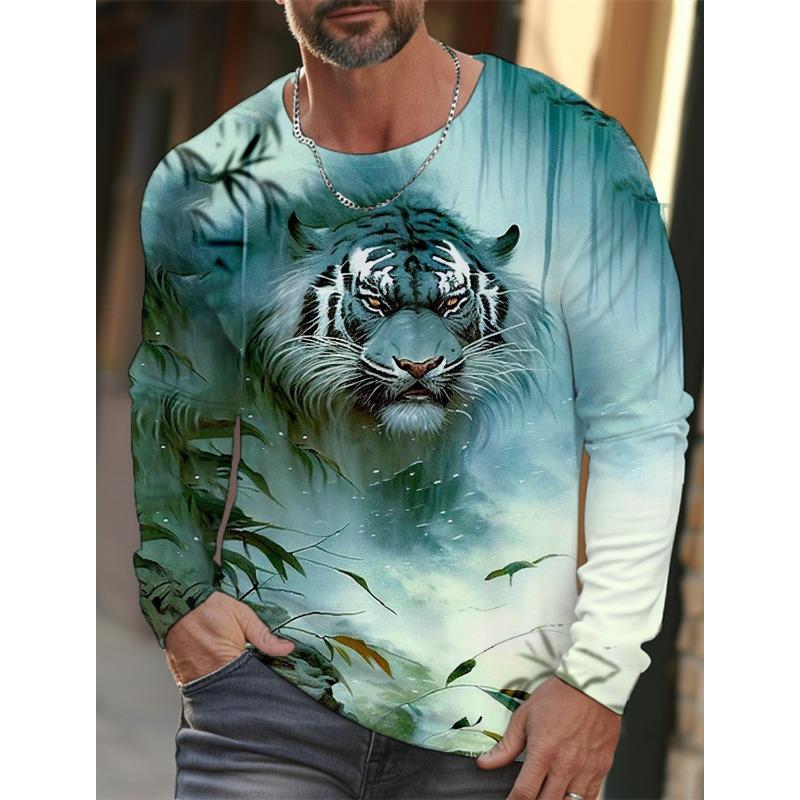 Tiger Print Pullover Autumn Men's Casual Long Sleeve T-shirt Top Round Neck Sweatshirt Streetwear Harajuku Men's Wear