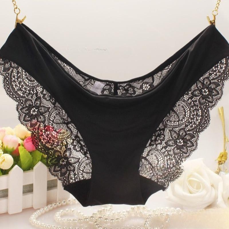 

Женские трусики с низкой посадкой, сексуальные кружевные трусики, бесшовные из ледяного шелка, с ластовицей из чистого хлопка S чёрный