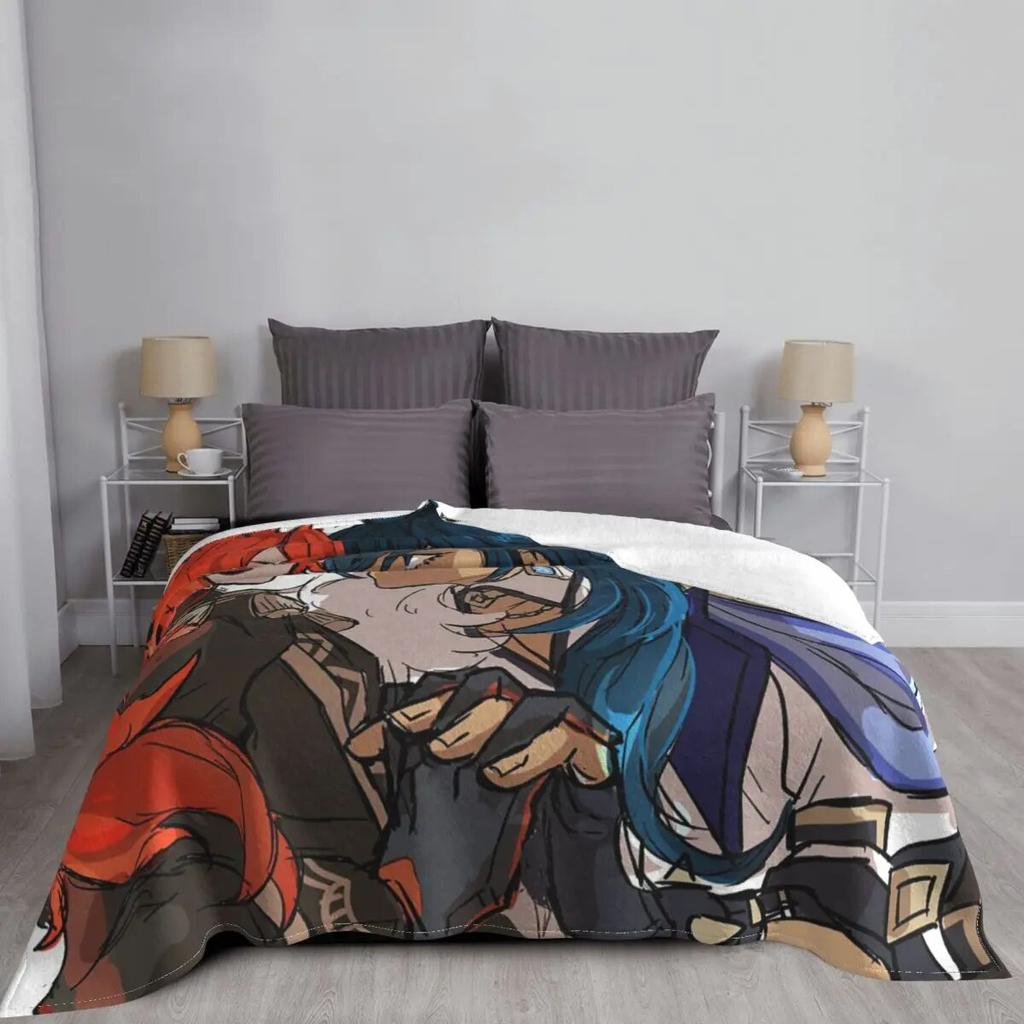 Diluc Kaeya Přikrývka Flanelová Genshin Impact Amine Lehká Tenká Přehozová Přikrývka pro Domov Pohovka Přehoz