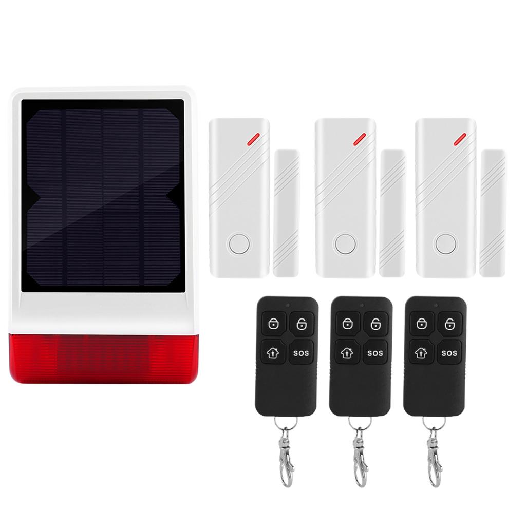 433MHZ Wireless Solar Siren Burglar Security Alarm System 3 Door Magnet 3 Remote Control