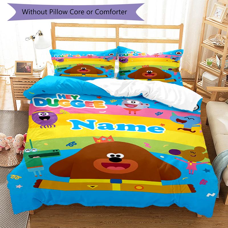 3pcs Custom Name Hey Duggee Bedding Set Duvet Cover Closure Includes 1 Duvet Cover & 2 Pillowcases, Soft and Comfortable for All Seasons.