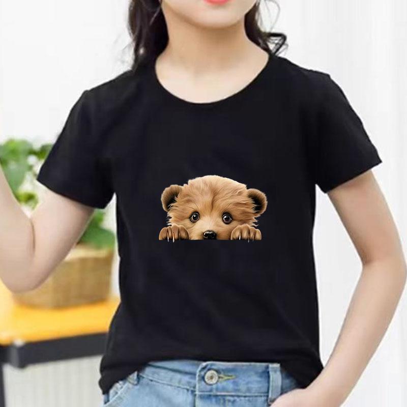 Kids Cotton T Shirt Cute Peeking Bear Cub Print Crew Neck Short Sleeve Tee Casual Breathable Boys Girls Summer Tops