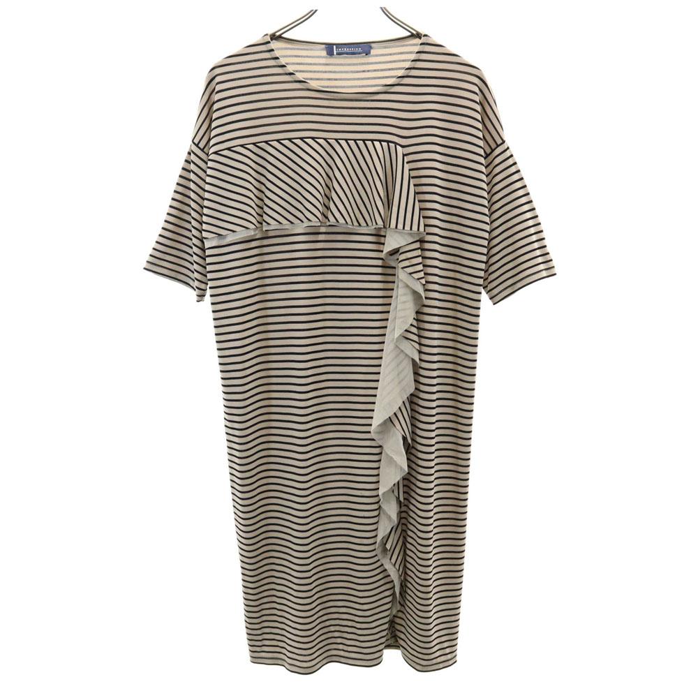 

IMPRESSION Border Pattern Five-quarter sleeve one piece 36 beige Women Used