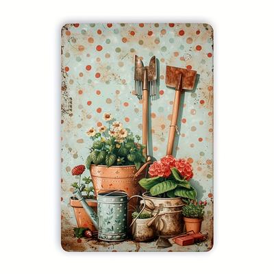 Plaque en métal rustique (1 pièce), illustration vintage d'outils de jardinage et de plantes, décoration murale intérieure/extérieure pour maison, café, etc.