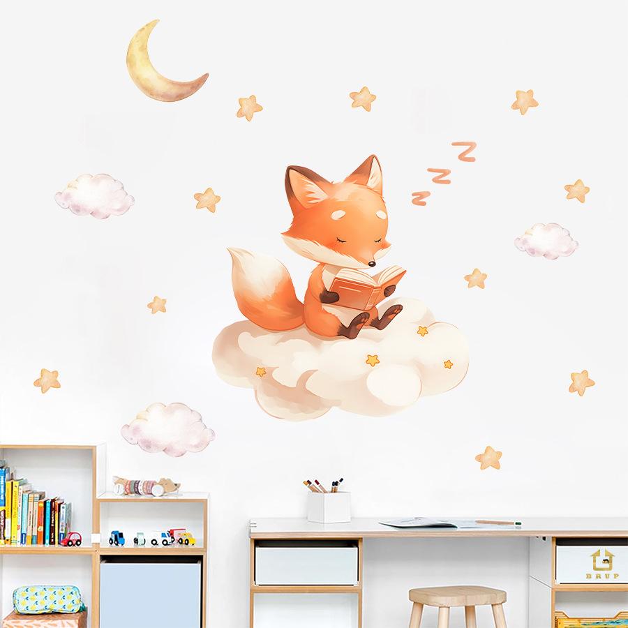 Little Fox Telling Bedtime Story Under Stars and Moon Wall Stickers, Self-Adhesive Fairy Tale Decor for Kids Room Nursery Decoration