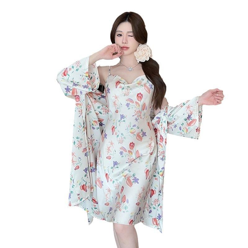 Pajamas Women's Spring Summer Sexy Pajamas Pure Style Printed Thin Ice Silk Suspender Skirt Pajamas Homewear Two-piece Set