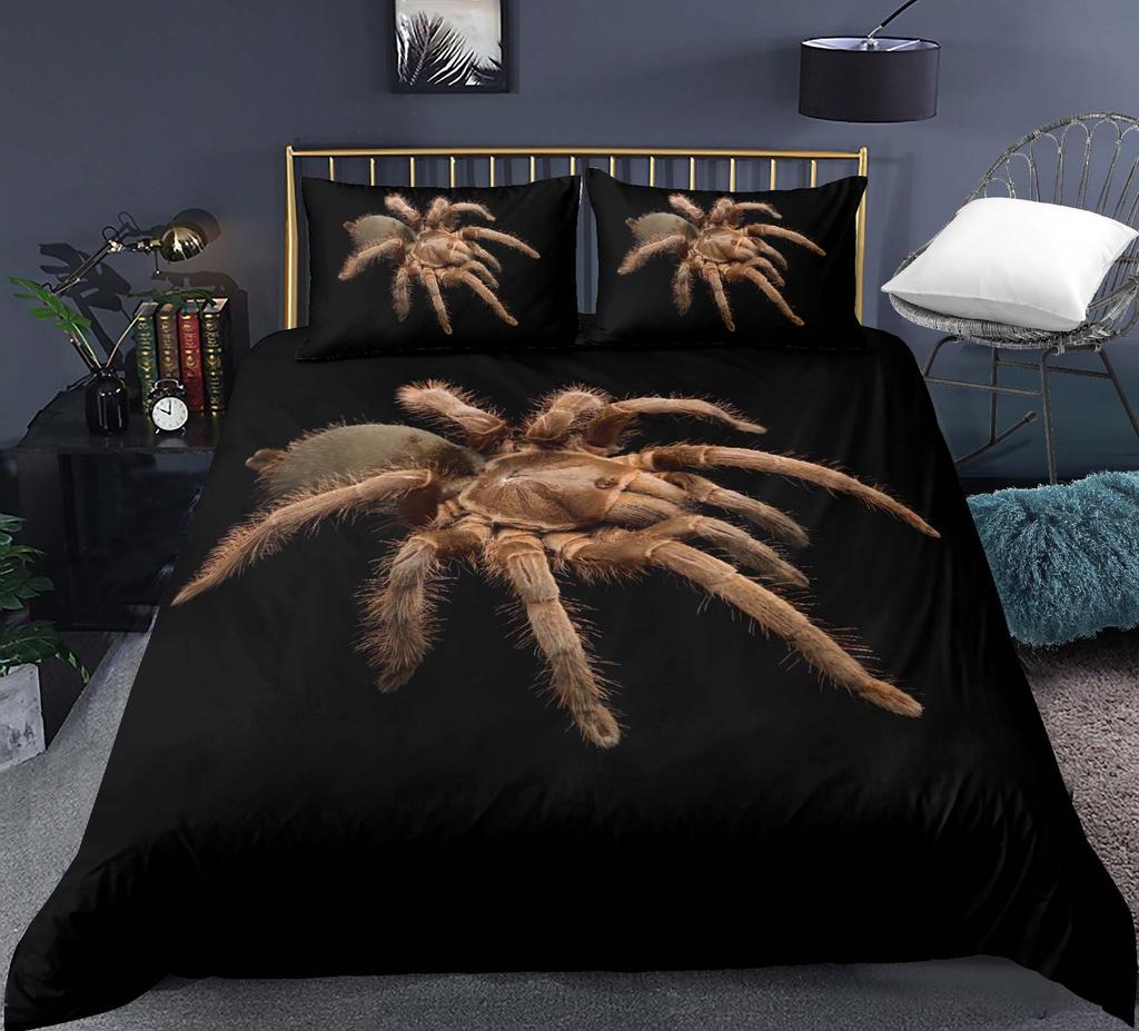 Tarantula Baskılı Yatak Örtüsü Seti King Full 3D Baskı Siyah Örümcek Yorgan Kılıfı Seti Böcek Temalı Erkek Çocuk Genç Polyester Yatak Örtüsü Seti