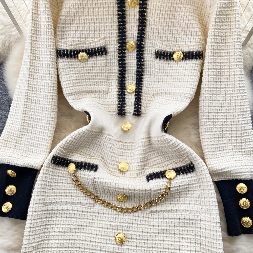 Autumn Women O Neck Long Sleeves Buttons Chain Pockets Knitted Sweater Dress Elegant Skinny Sheath Bodycon Dresses