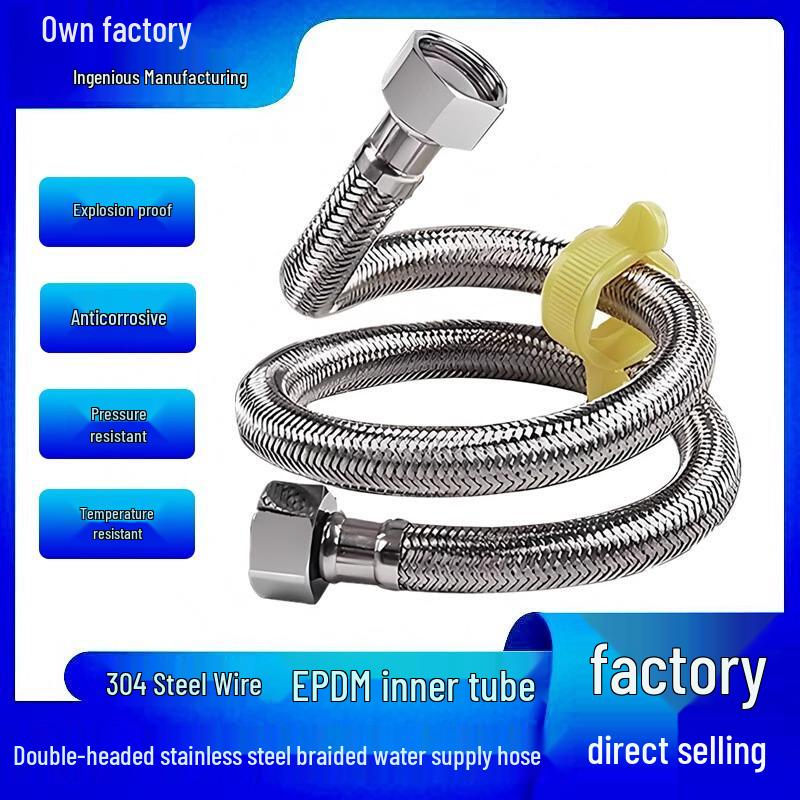 

304 Stainless Steel Braided Inlet Hose for Hot/Cold Water Heaters & Faucets – High-Pressure Extension Pipe 10cm Steel Caps
