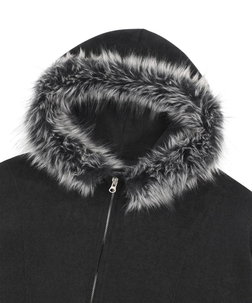 Easy No Easy Ribbed Knit Fur Zip-Up Hoodie - Black