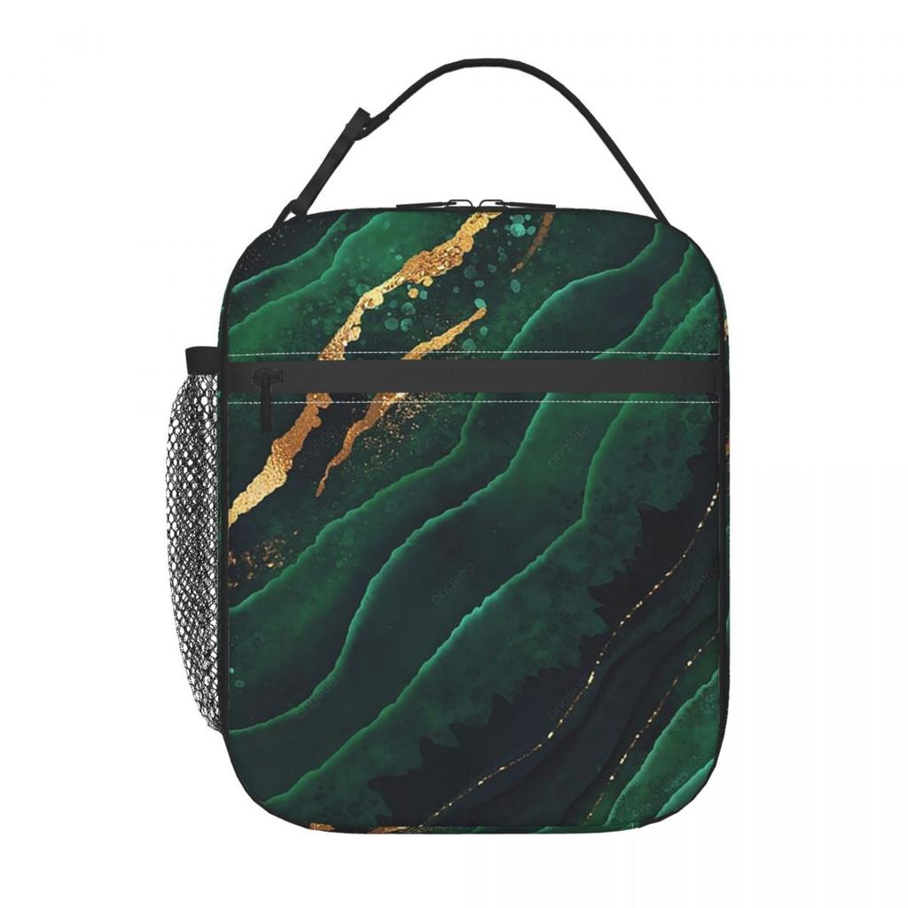 Dark Green Marble Pattern Insulated Lunch Bag for Women Office Cooler Thermal Food Box Tote Portable Lunch Boxes Container