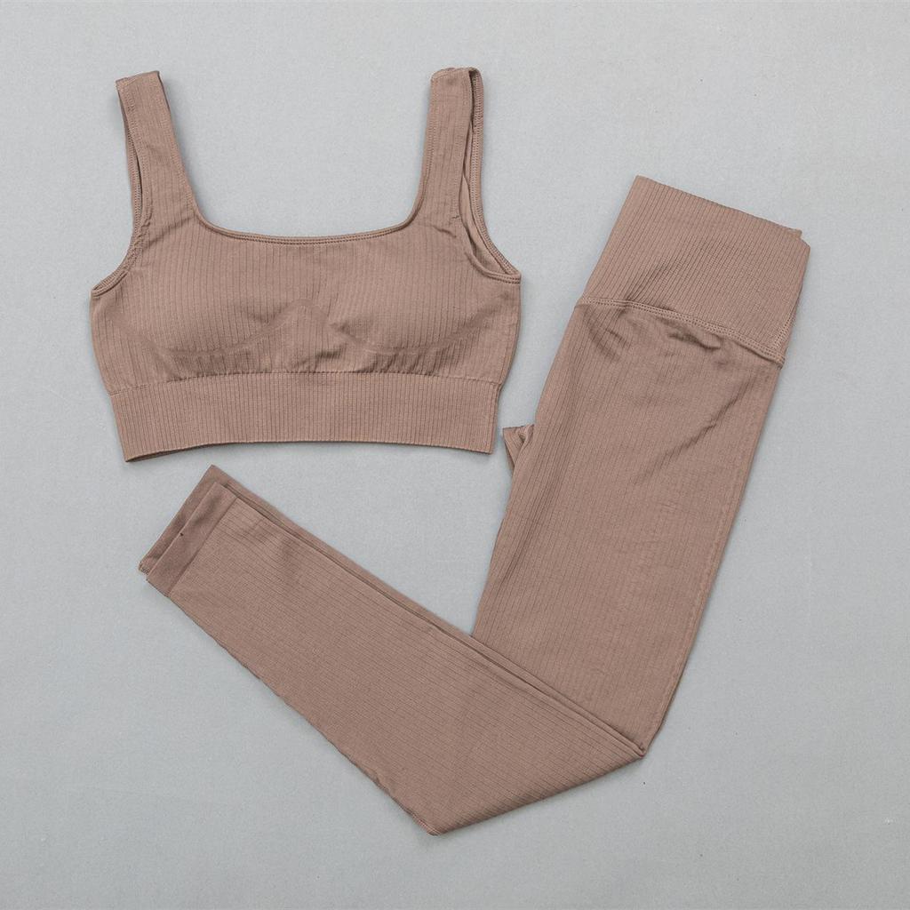 Women's Solid Color Seamless Ribbed Sports Bra and High Elastic Yoga Set