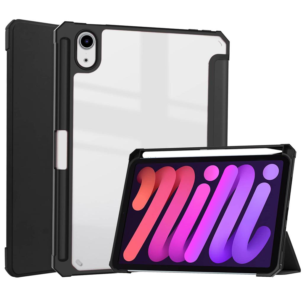 For iPad Mini 7 6 8.3'' with Pencil Holder-[Tri-fold Stand + Auto Wake/Sleep], High-grade Acrylic Case Transparent Back Cover