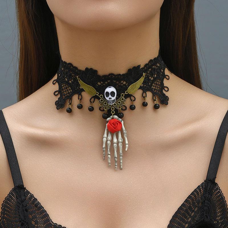 Gothic Black Beaded Flower Palm Sexy Lace Skeleton Choker Necklace Vintage Tassel Chain Women Steampunk Halloween Jewelry