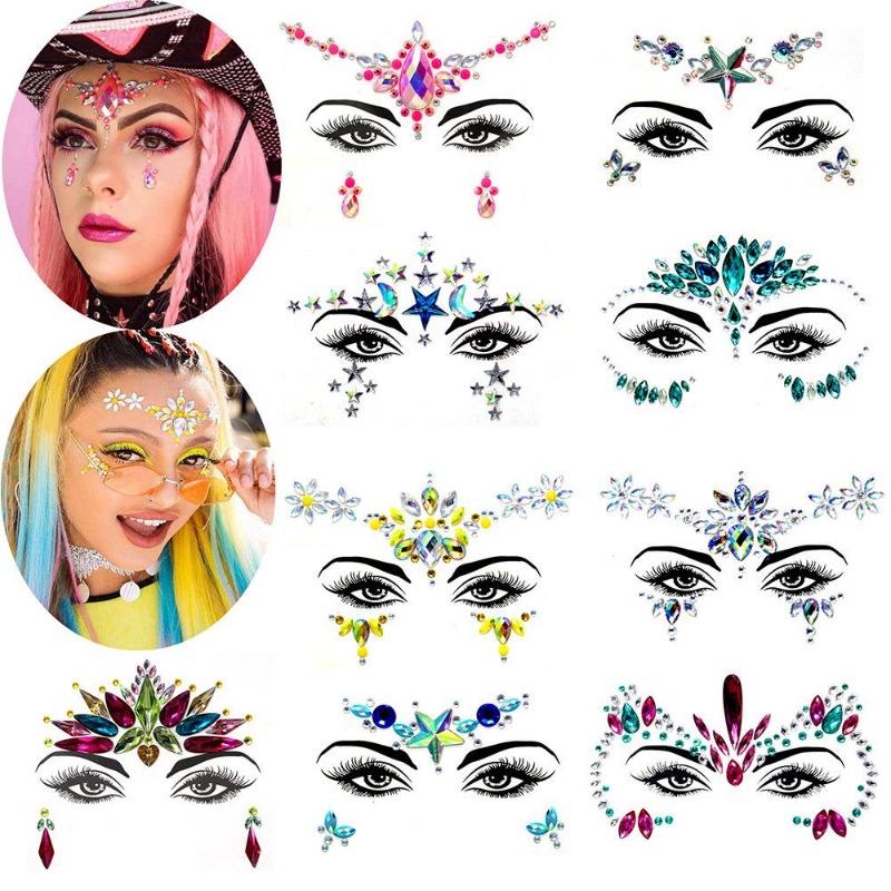 1PC Masquerade Shiny Face Decoration 3D Crystal Sticker Music Festival Trendy Shiny Acrylic Sticker Temporary Tattoo Sticker