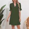 2023 Women's Solid Color V-Neck Loose Pleated Dress with Five-Point Sleeves