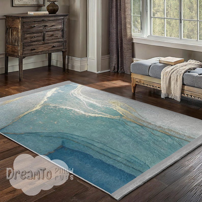 Turquoise Ocean Marble AbstractRug,Elegant Coastal Aqua Decor,Golden Veined Watercolor Interior Mat,Teal Beach Inspired