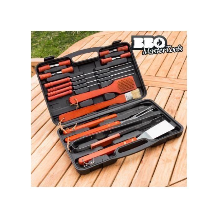 Ustensiles de barbecue - Malette 18 pièces - Acier inoxydable - Manches en bois - Couleur orange
