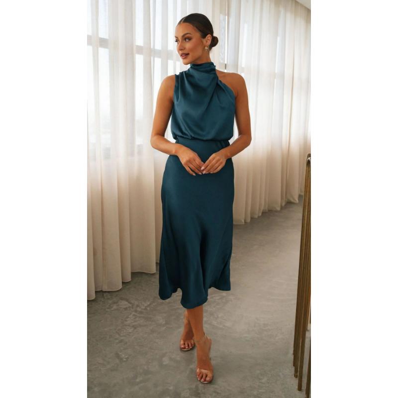 New Women's Elegant Satin Halter Dress, Sleeveless Solid Color Bodycon Midi Dress, Sexy Backless Slip Dress for Summer Evening Parties & Formal Events