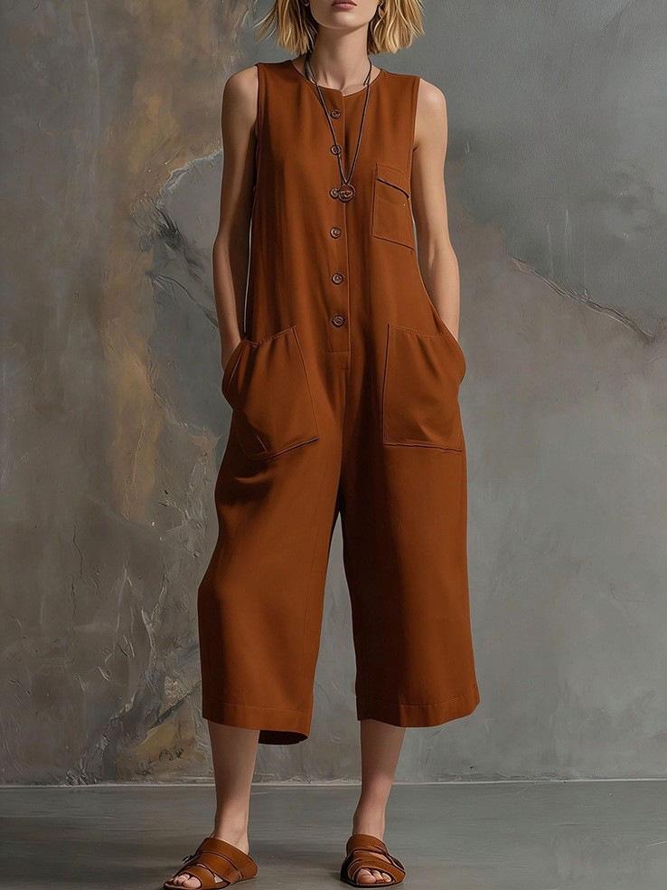 2026 Spring/Summer Retro Sleeveless White Cotton Linen Wide-Leg Jumpsuit
