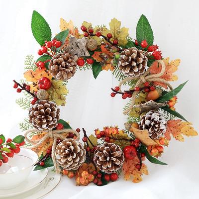 Neuer künstlicher Kranz, Herbst-Ahornblätter-Kranz mit dekorativem Tannenzapfen, roten Beeren, Haustür-Kranz, weihnachtliche Blumen-Rattan-Girlande