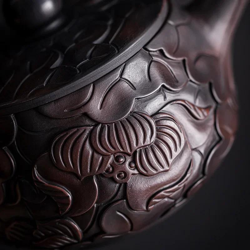 Jianshui Purple Pottery Teapot Heap Carving Xianglong Pot Kung Fu Tea Set Purple Clay Pot Deep Carving Tea Making Tea Kettle