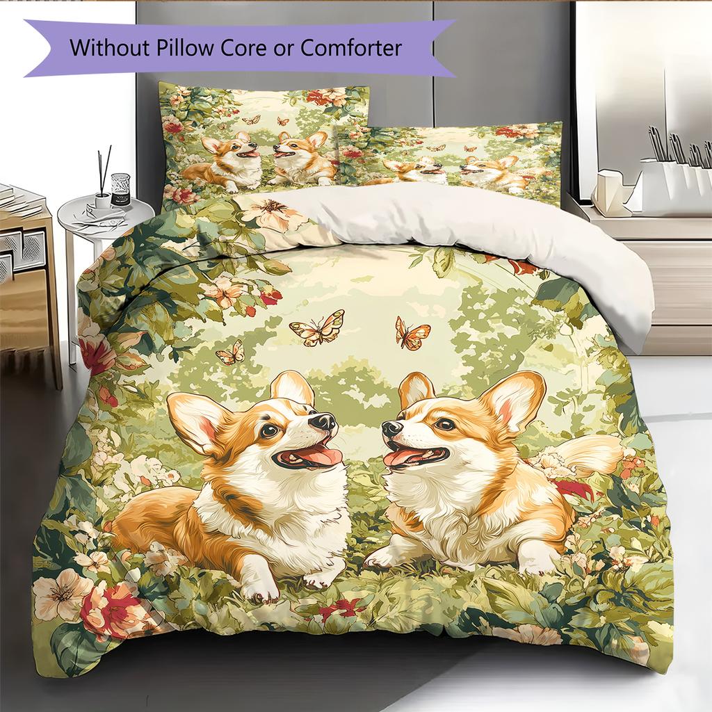 Corgi and Grassland Pattern Bedding Home Decoration Birthday Gift (1 * duvet cover + 2 * pillowcase, without core)