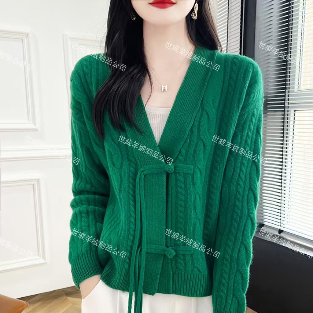 Autumn Women's V-neck Frog Button Wool Cardigan - Chinese Style Knitwear Jacket