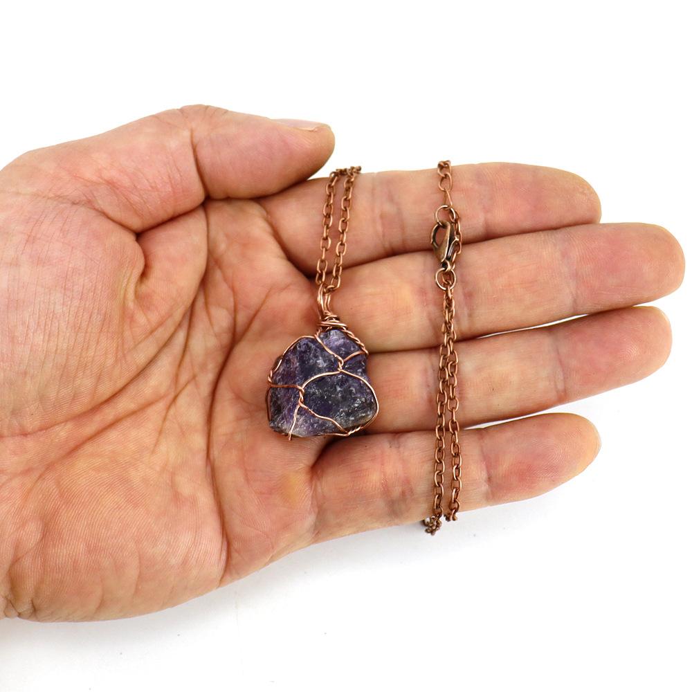 Irregular Natural Crystal Amethyst Rough Stone Pendant Handmade Silk Mesh Pocket Necklace N652