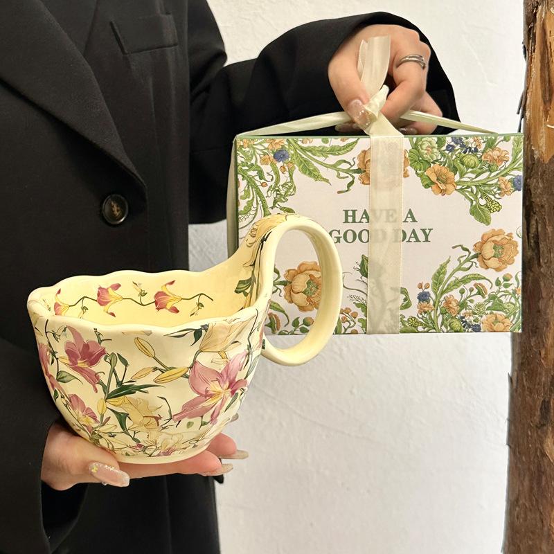 Flowering Song Handle Cup Retro Ceramic Mug Breakfast Oat Cup Afternoon Tea Coffee Cup Souvenir Birthday Gift