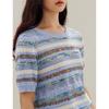 INMAN Striped Mesh Hollow Out Short Sleeve Knit Top