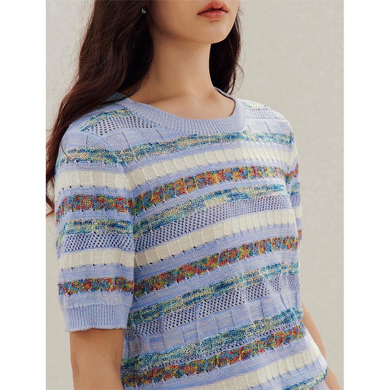 INMAN Striped Mesh Hollow Out Short Sleeve Knit Top