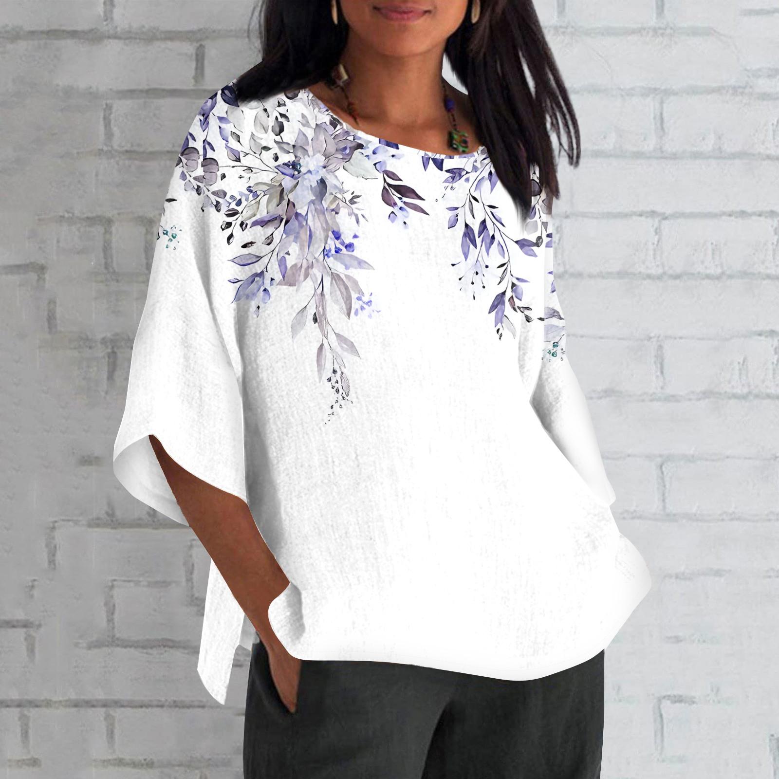 

Женская мода с рукавом семь четвертей и круглым вырезом с принтом, свободные повседневные рубашки-топы XXL разноцветный