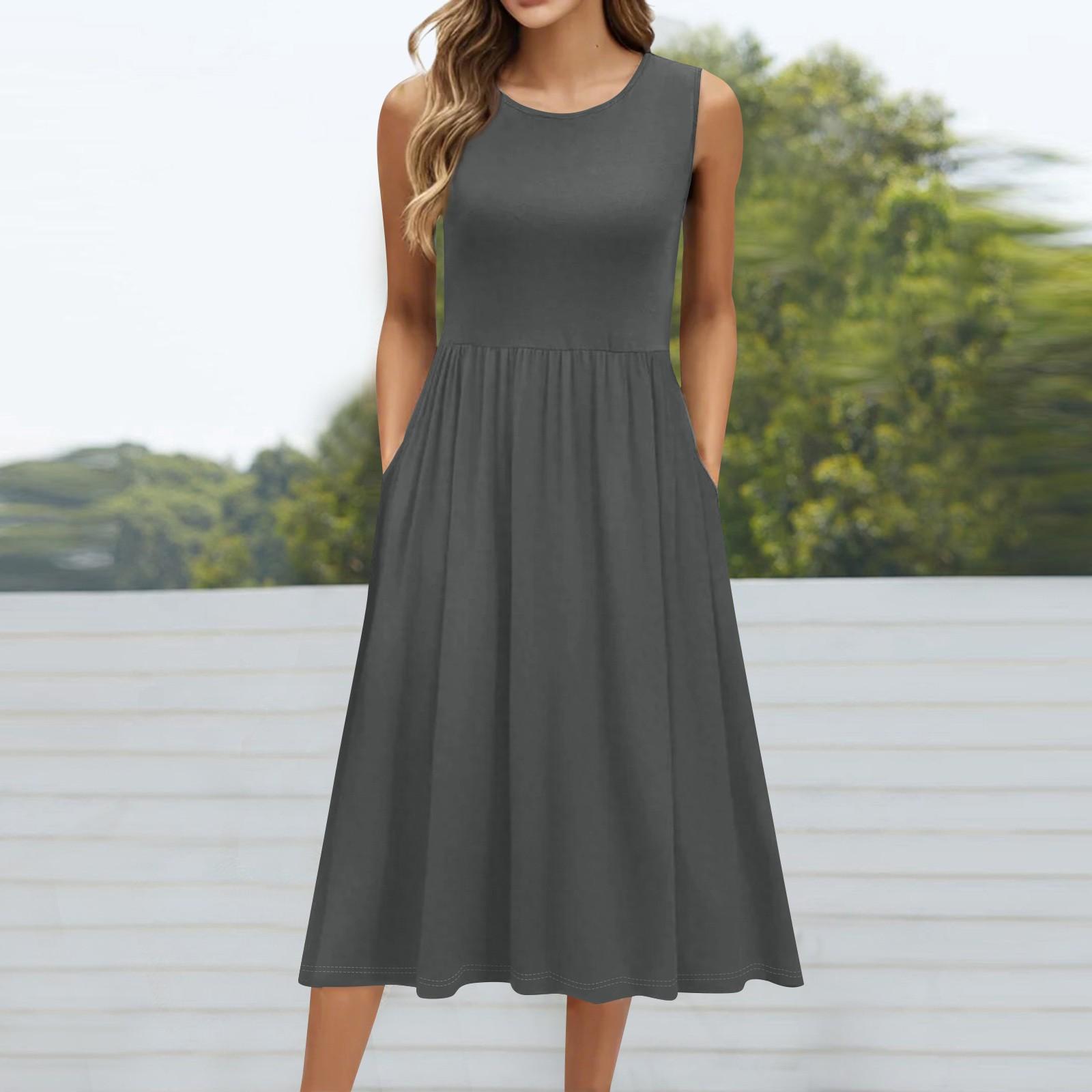 

Женское модное однотонное платье без рукавов с круглым вырезом и карманом средней длины XL